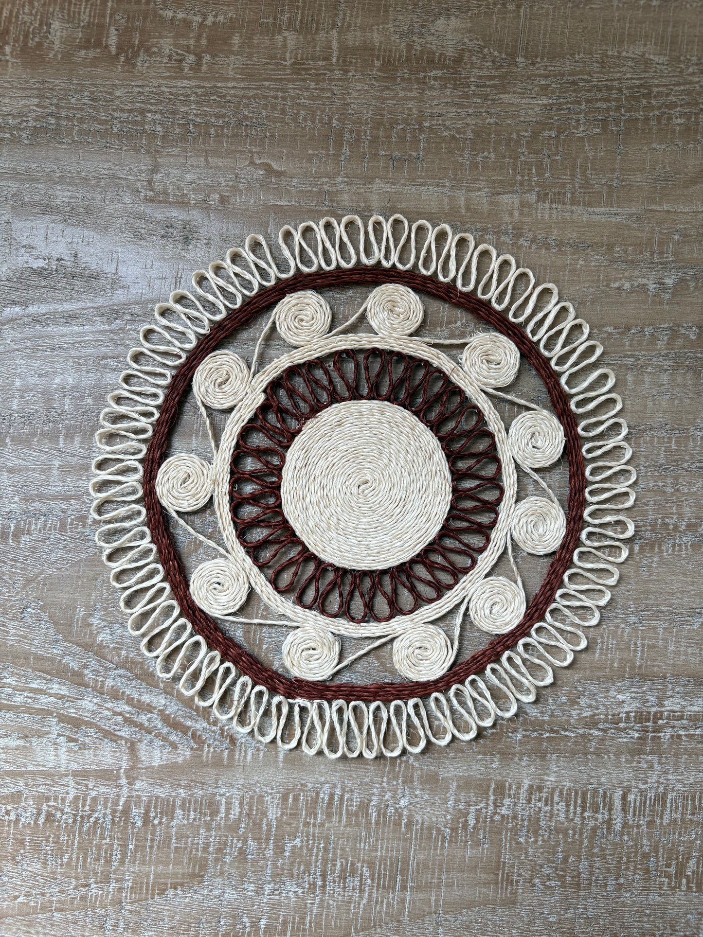 Brown + White Handwoven Agave Fiber Table Mat — 8" Round