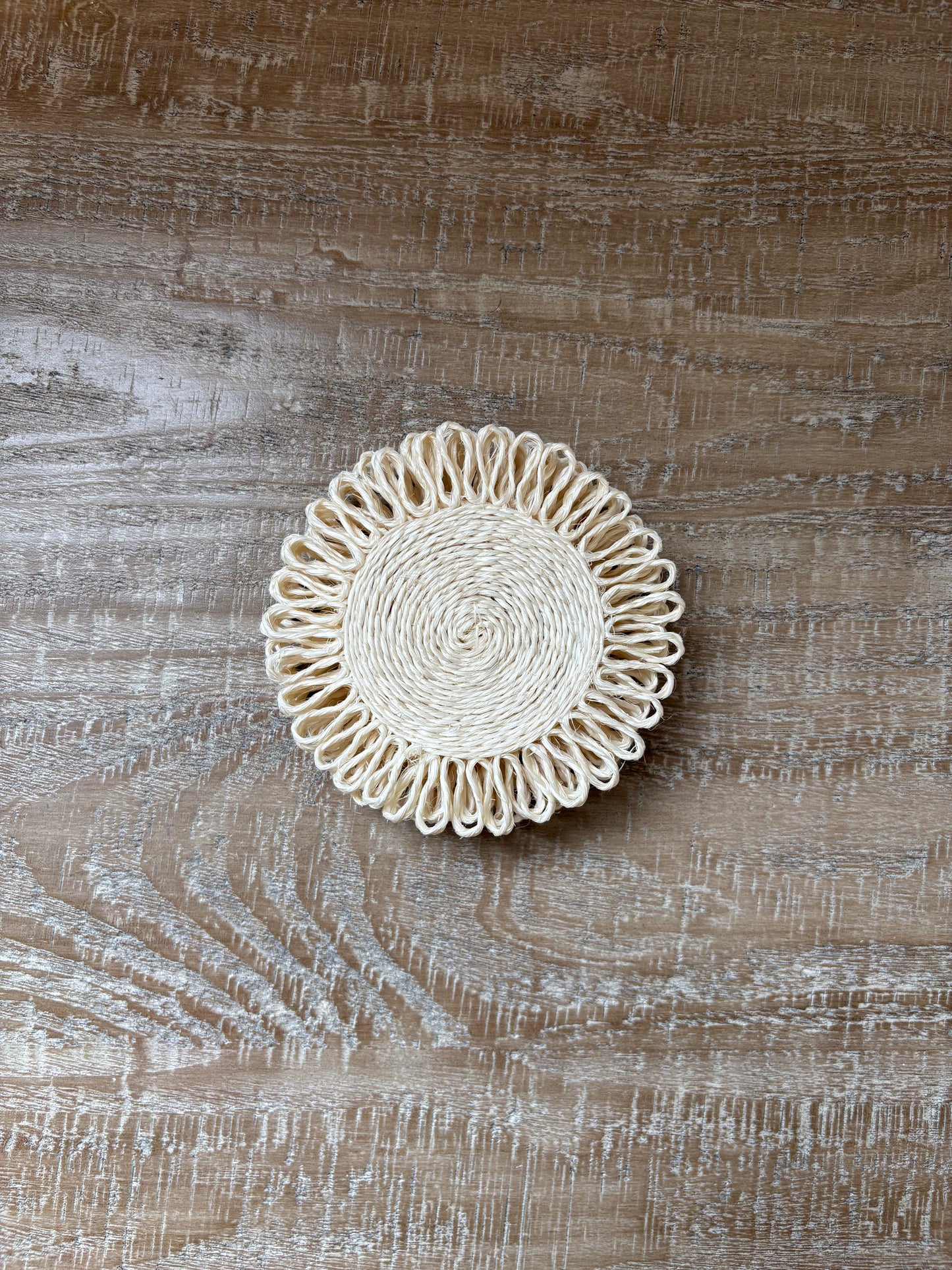 White Handwoven Agave Fiber Coasters — 4" Round, Set of 6