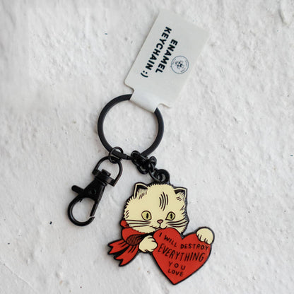 Destroy Cat Enamel Keychain with Bag Clip