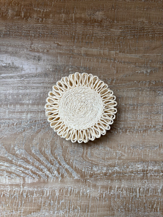 White Handwoven Agave Fiber Coasters — 4" Round, Set of 6